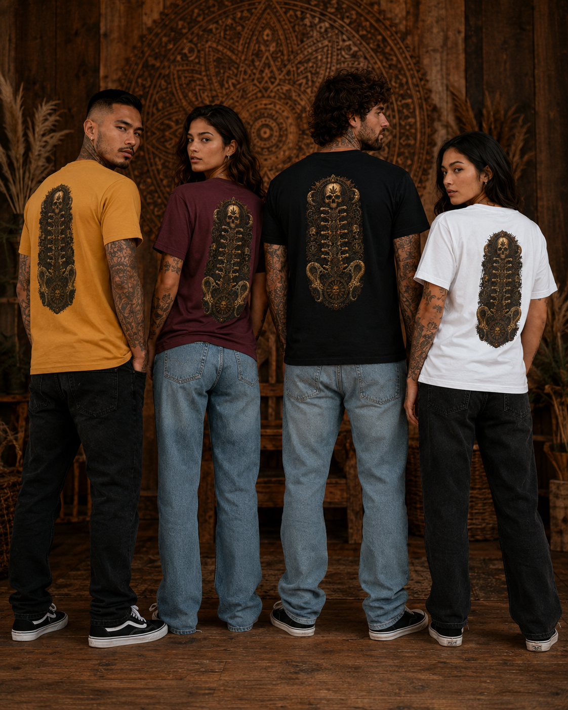 Steampunk Skull Gear Illustration T-Shirt | Spinal Cannabis Skull Backprint