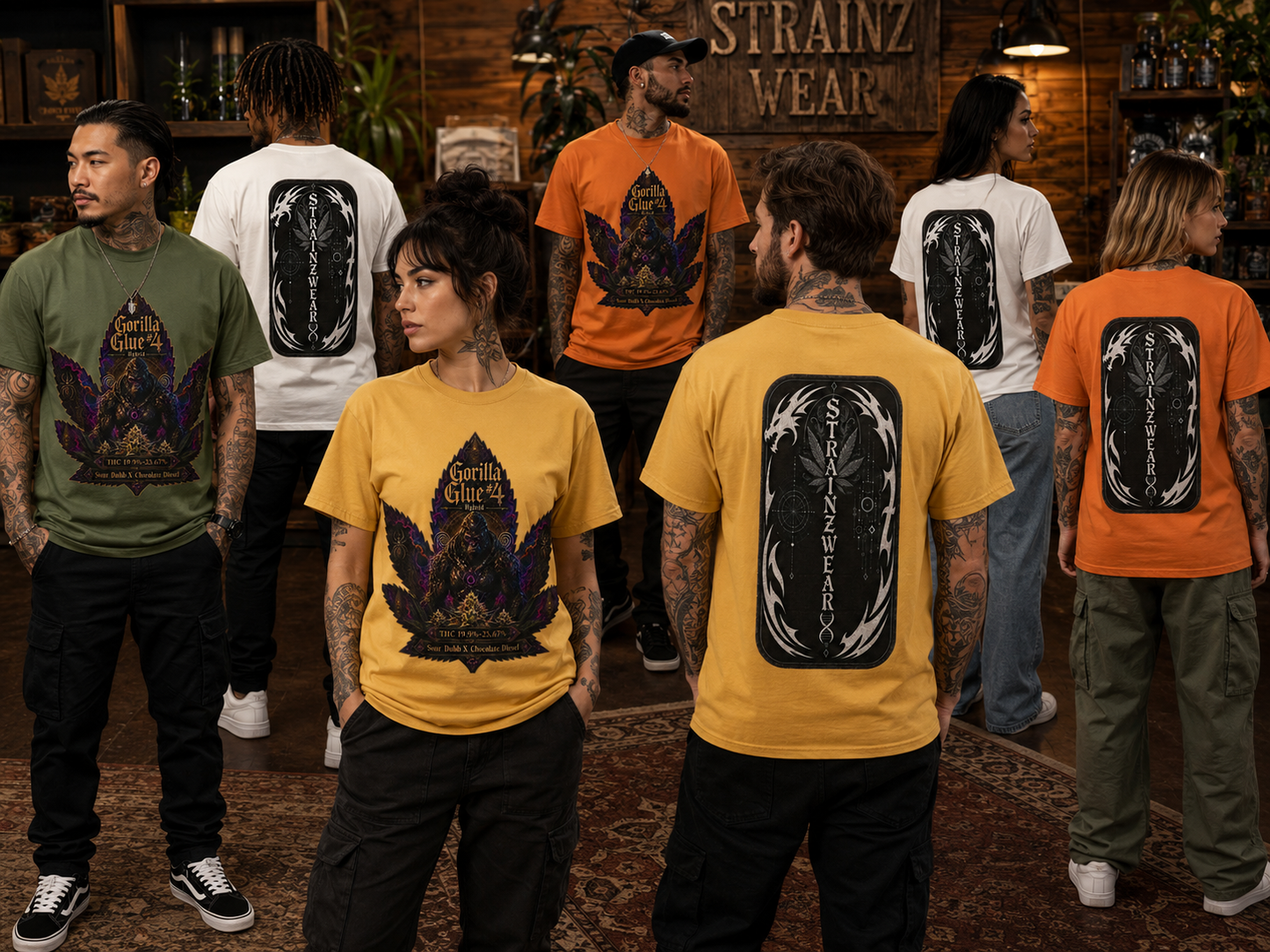 Gorilla Glue #4 Leaf Graphic T-shirt | Psychedelic Gorilla Illustration, Strainzwear Back Print
