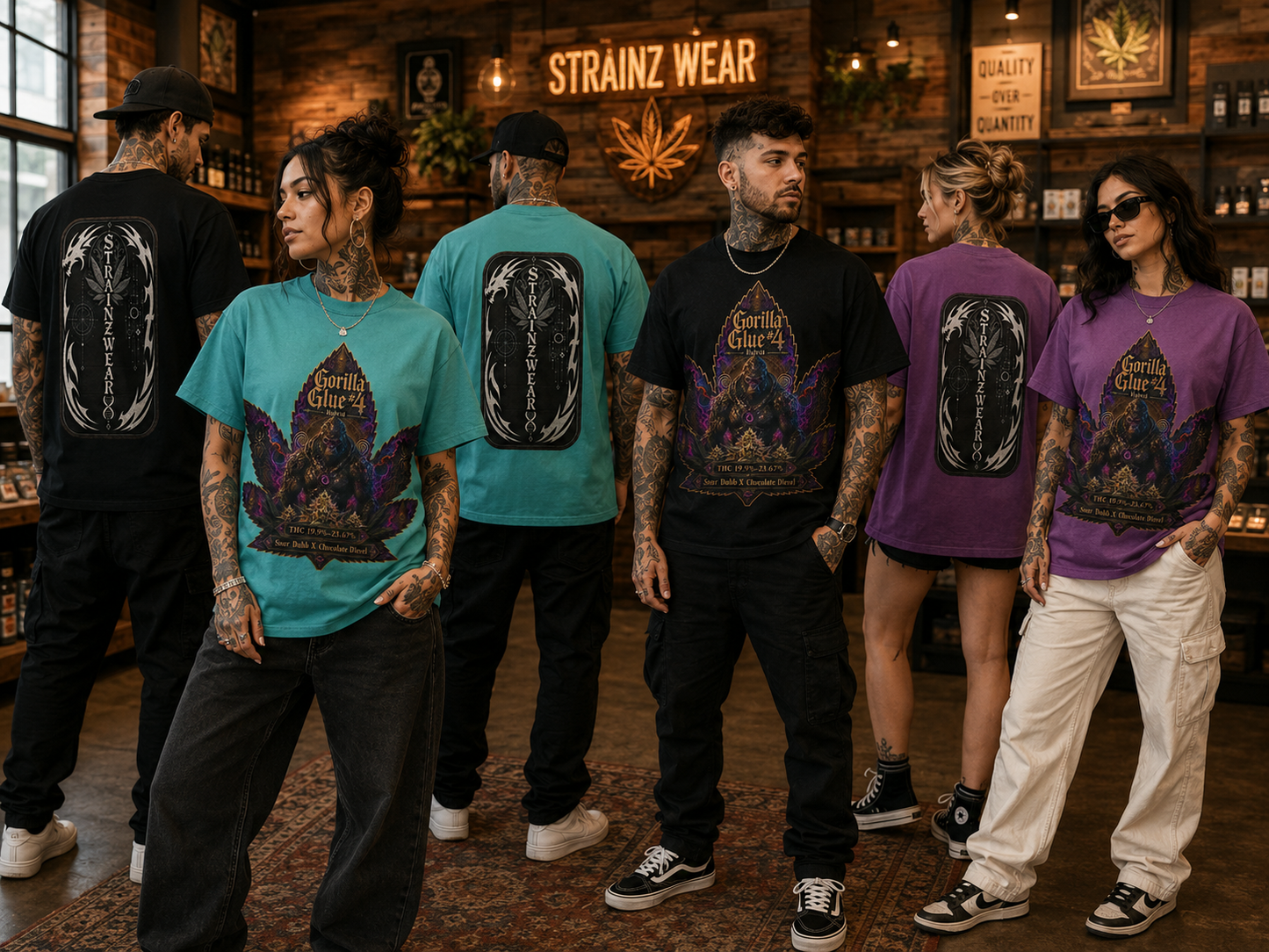 Gorilla Glue #4 Leaf Graphic T-shirt | Psychedelic Gorilla Illustration, Strainzwear Back Print