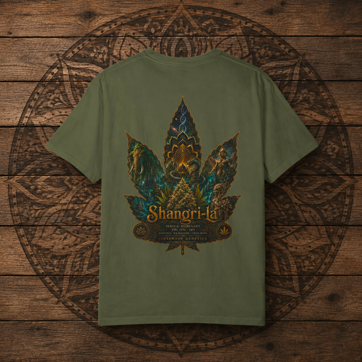 Shangri-la Leaf Graphic T-Shirt | Decorative Marijuana Leaf Back Print