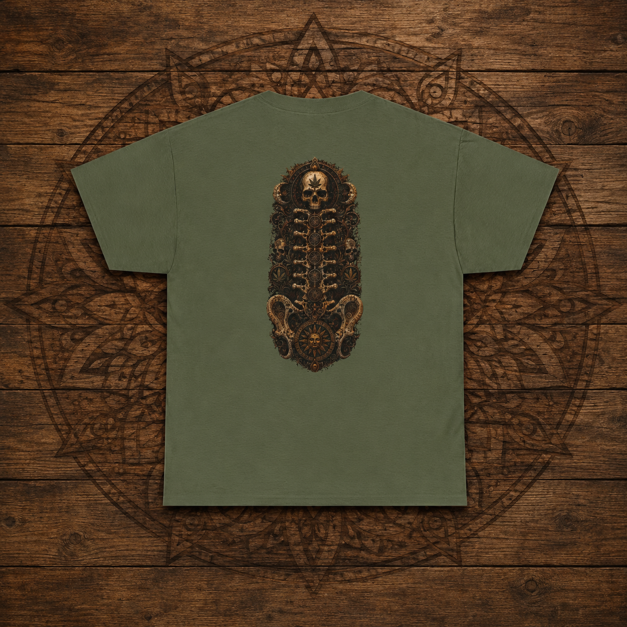 Steampunk Skull Gear Illustration T-Shirt | Spinal Cannabis Skull Backprint