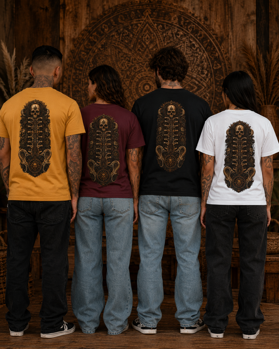 Steampunk Skull Gear Illustration T-Shirt | Spinal Cannabis Skull Backprint