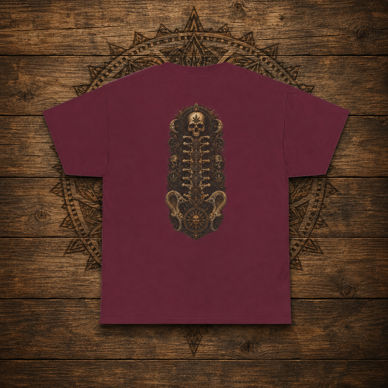 Steampunk Skull Gear Illustration T-Shirt | Spinal Cannabis Skull Backprint