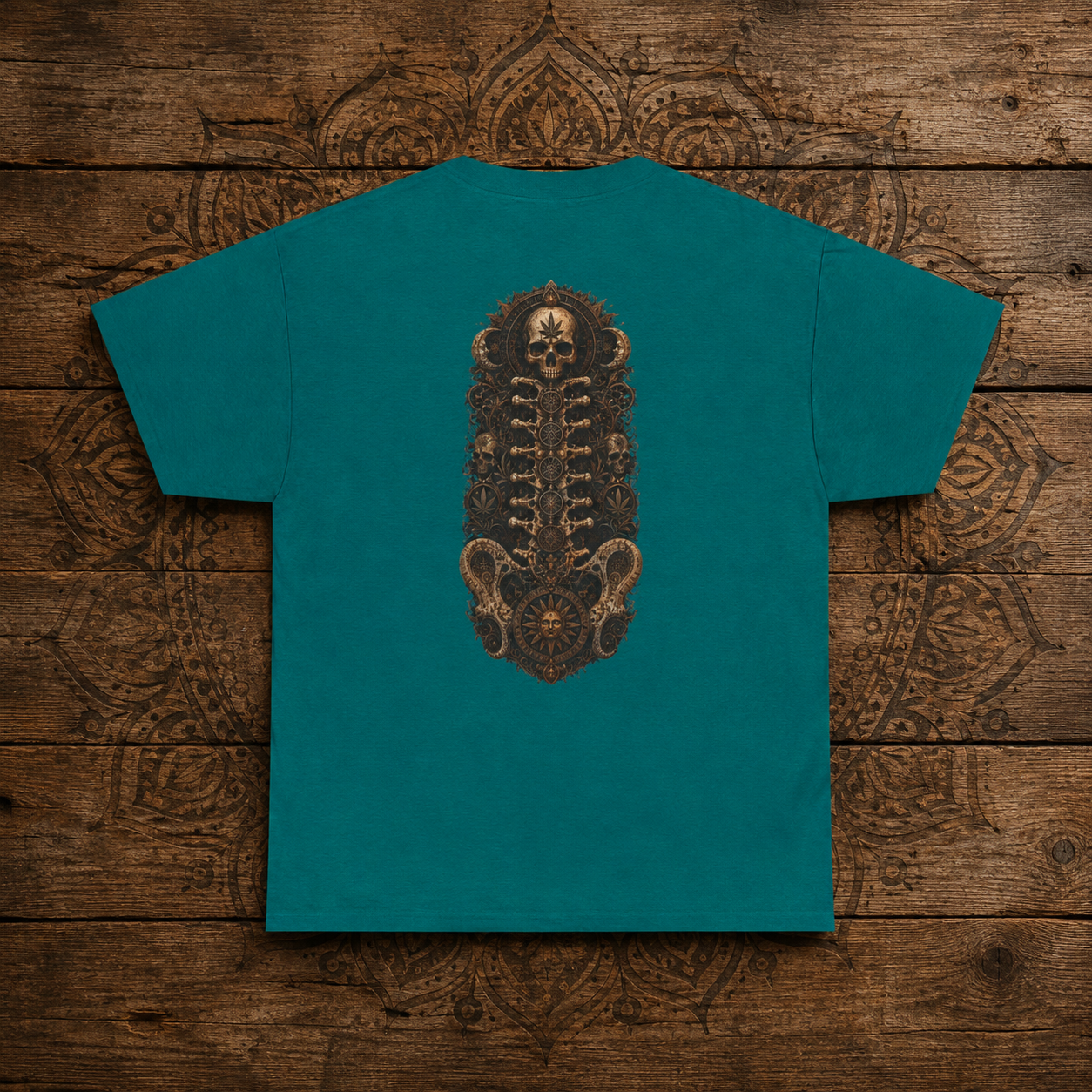 Steampunk Skull Gear Illustration T-Shirt | Spinal Cannabis Skull Backprint