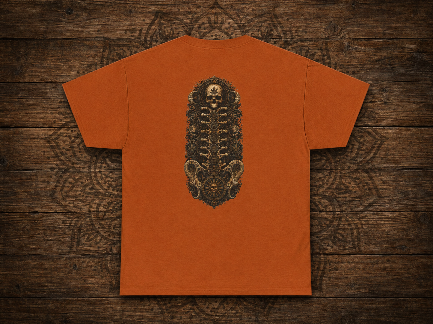 Strainz Wear Sun Clock-Skull Spine Emblem T-Shirt | Gothic Anatomy Backprint
