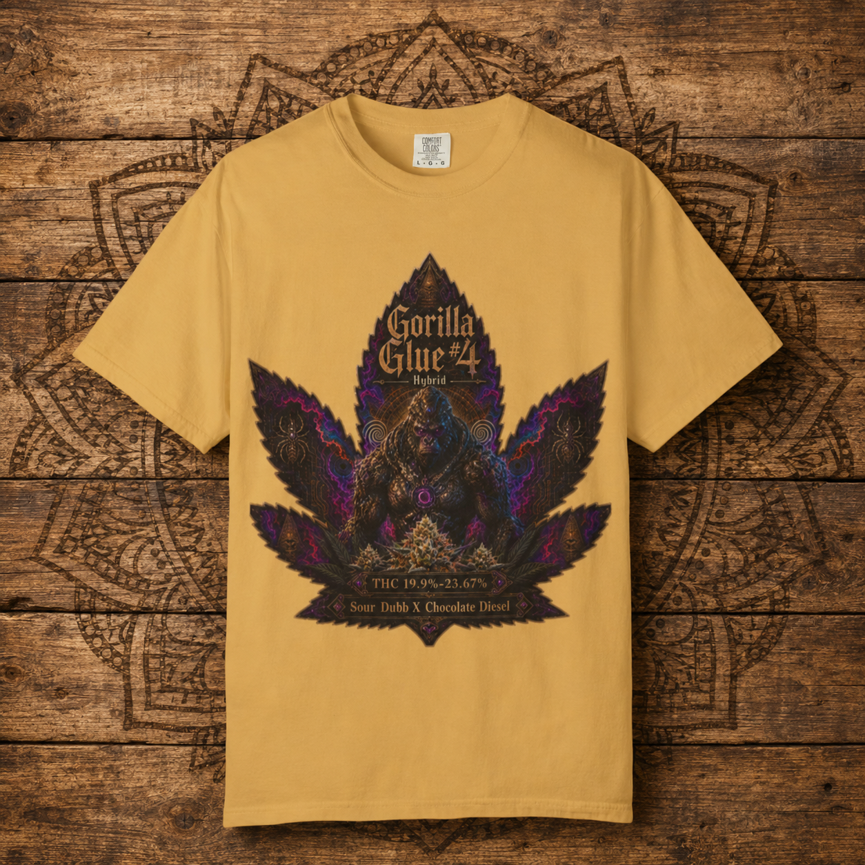 Gorilla Glue #4 Leaf Graphic T-shirt | Psychedelic Gorilla Illustration, Strainzwear Back Print