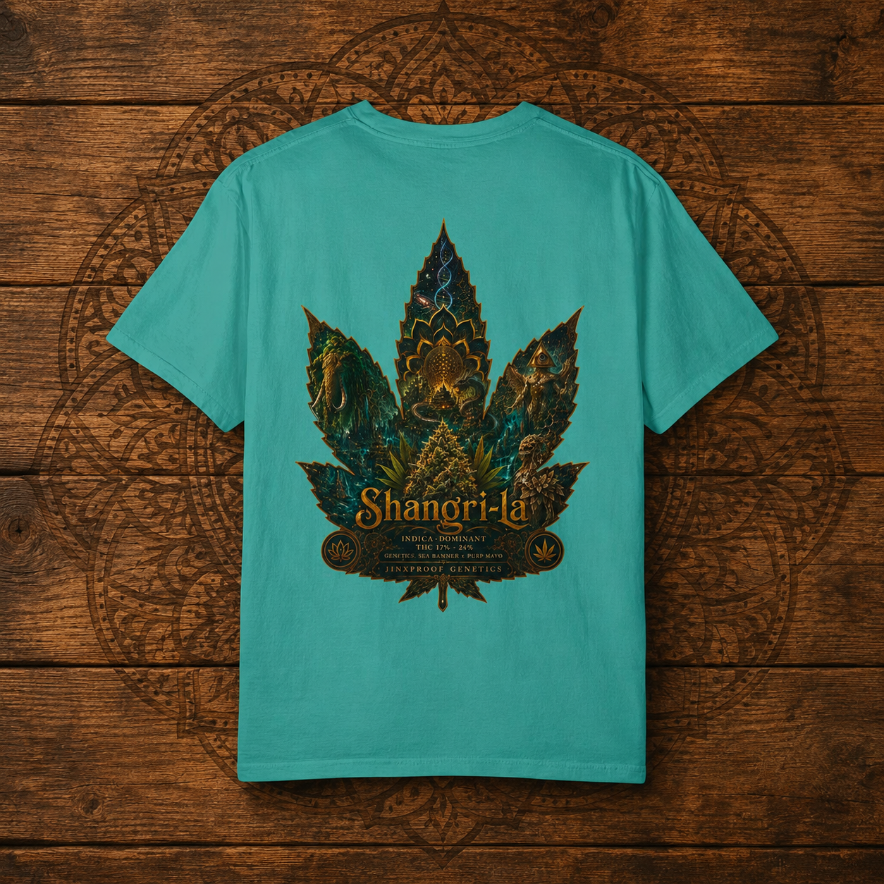 Shangri-la Leaf Graphic T-Shirt | Decorative Marijuana Leaf Back Print