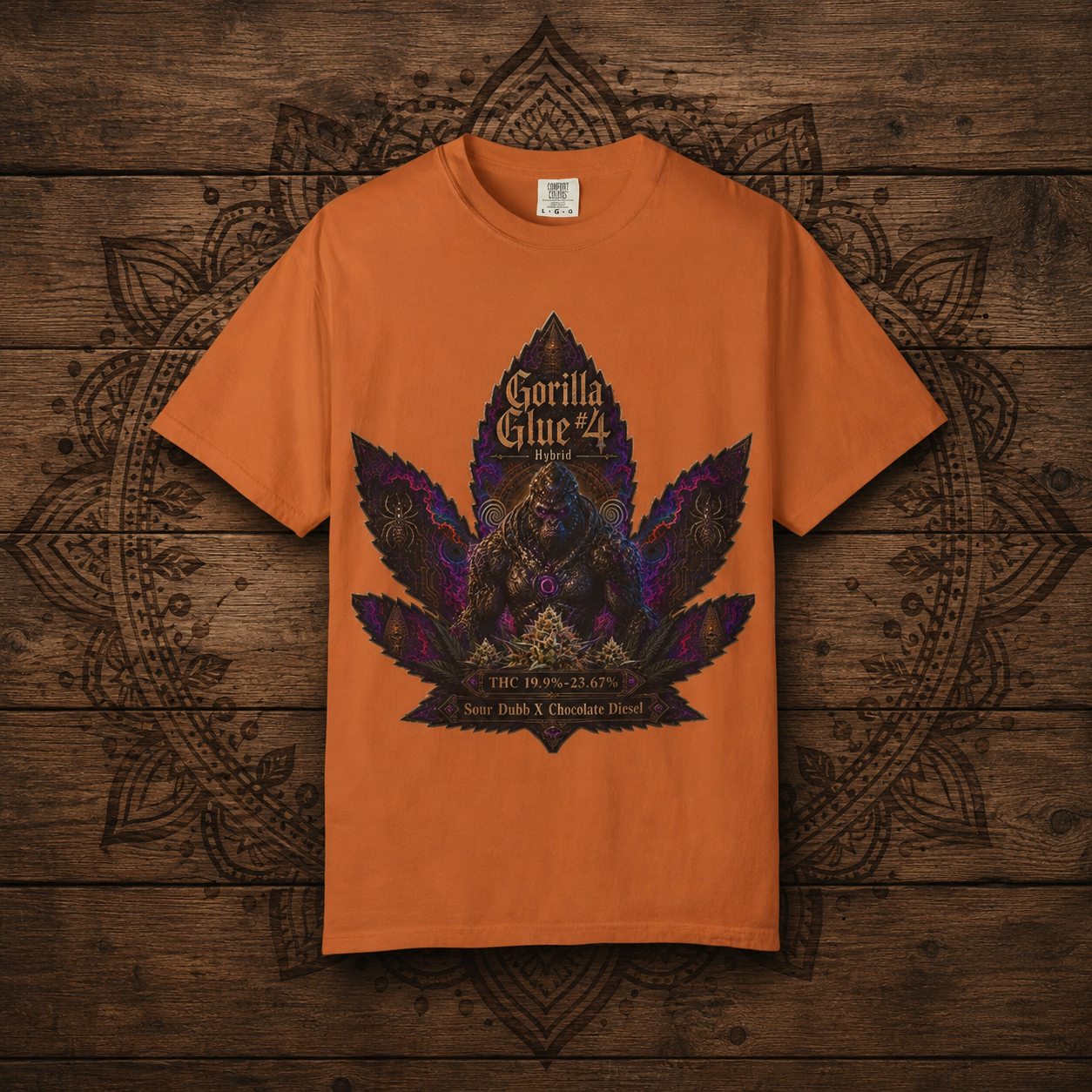 Gorilla Glue #4 Leaf Graphic T-shirt | Psychedelic Gorilla Illustration, Strainzwear Back Print