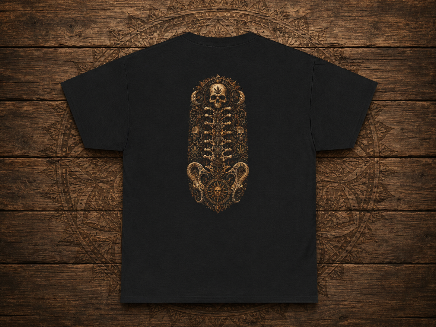 Strainz Wear Sun Clock-Skull Spine Emblem T-Shirt | Gothic Anatomy Backprint