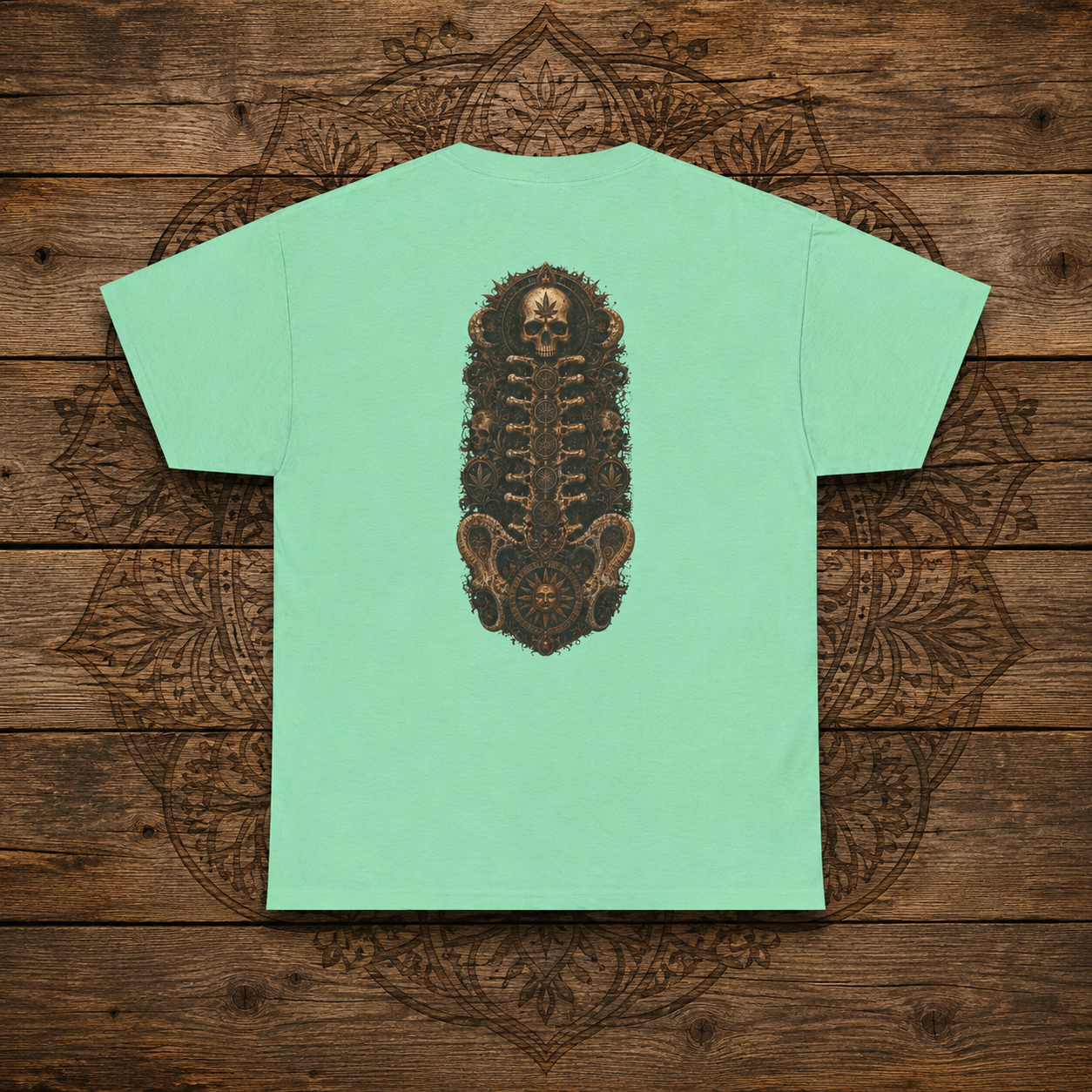 Steampunk Skull Gear Illustration T-Shirt | Spinal Cannabis Skull Backprint