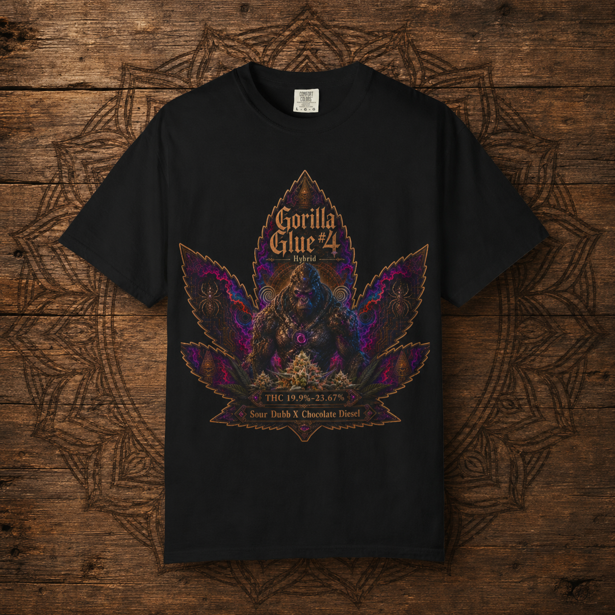 Gorilla Glue #4 Leaf Graphic T-shirt | Psychedelic Gorilla Illustration, Strainzwear Back Print