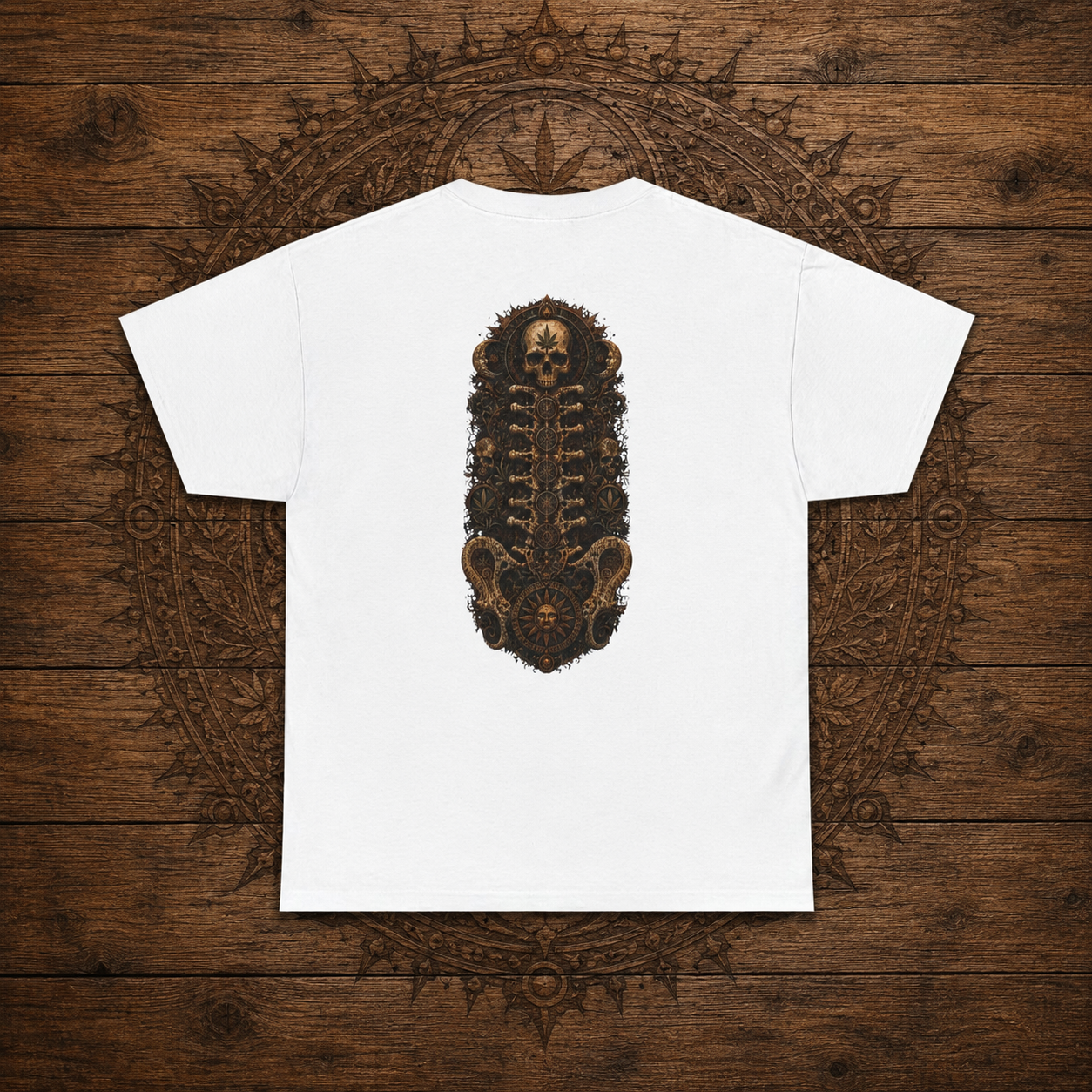 Steampunk Skull Gear Illustration T-Shirt | Spinal Cannabis Skull Backprint