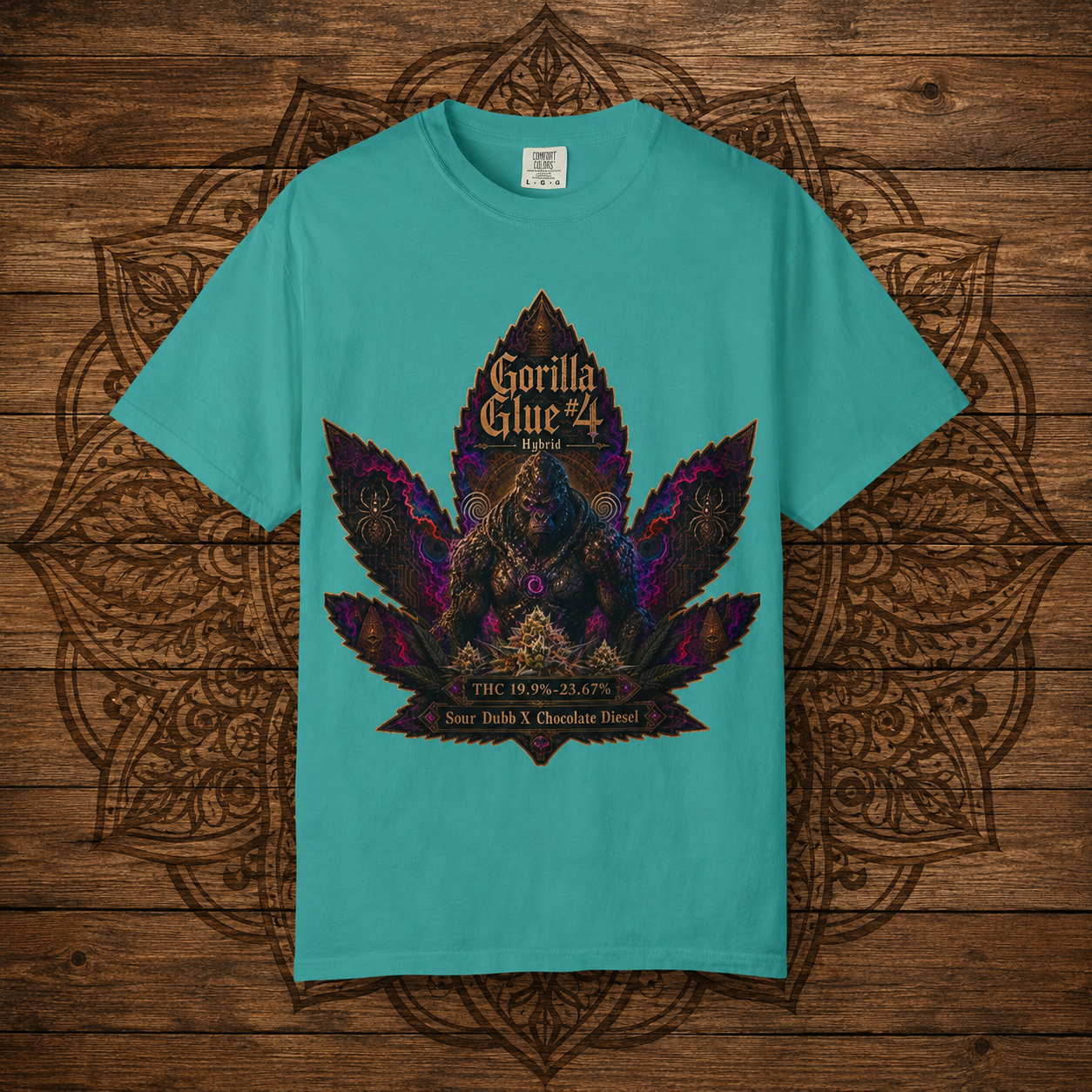 Gorilla Glue #4 Leaf Graphic T-shirt | Psychedelic Gorilla Illustration, Strainzwear Back Print