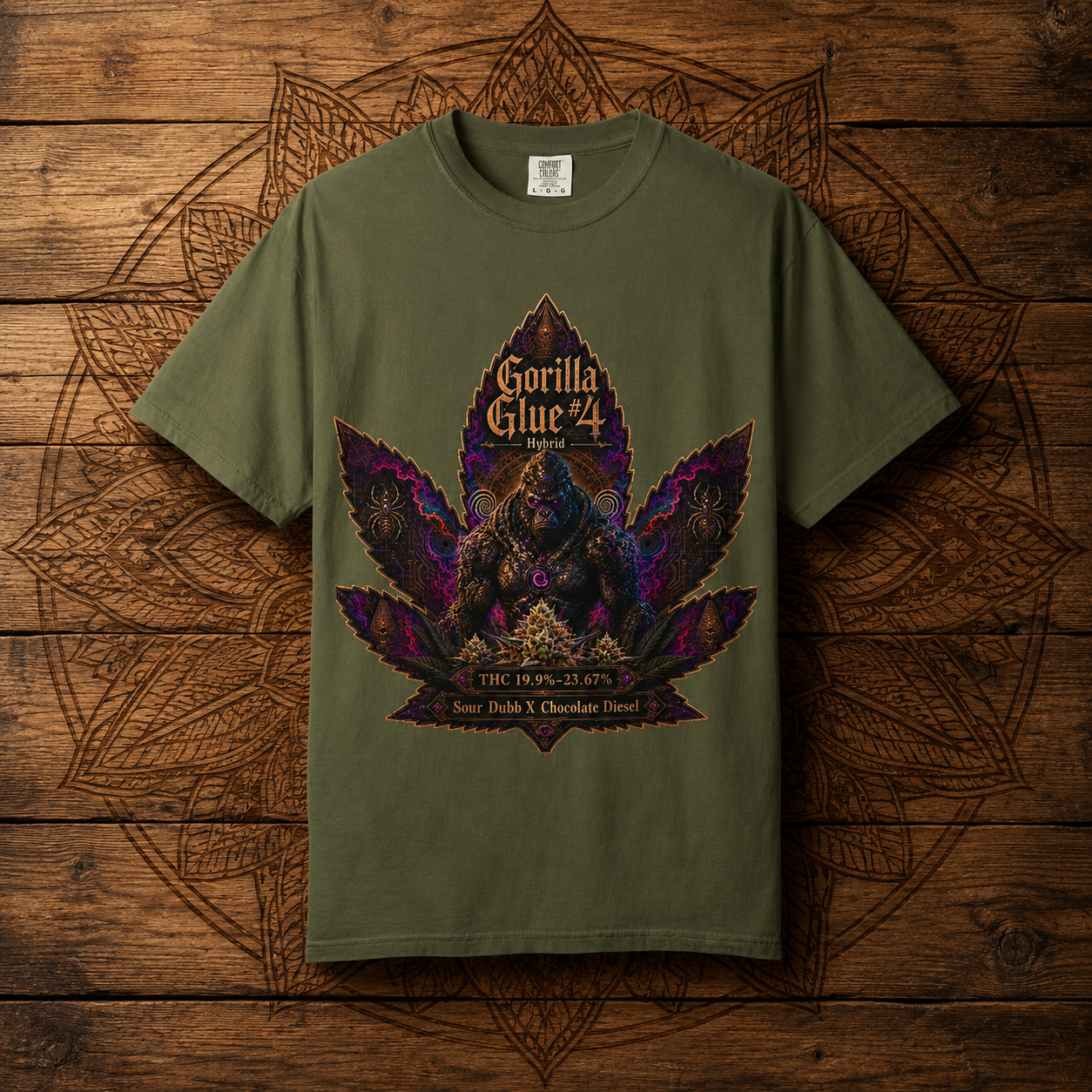 Gorilla Glue #4 Leaf Graphic T-shirt | Psychedelic Gorilla Illustration, Strainzwear Back Print