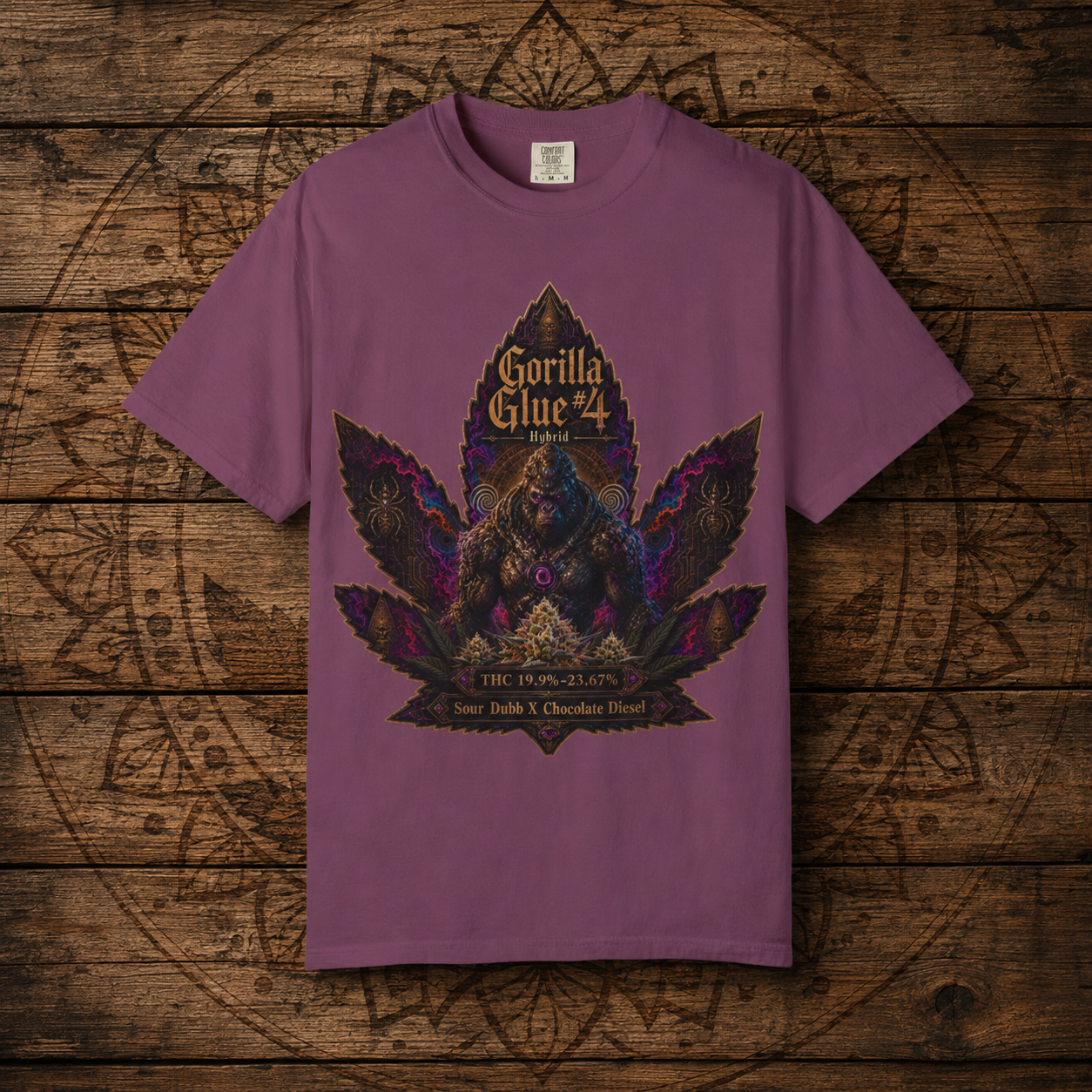 Gorilla Glue #4 Leaf Graphic T-shirt | Psychedelic Gorilla Illustration, Strainzwear Back Print