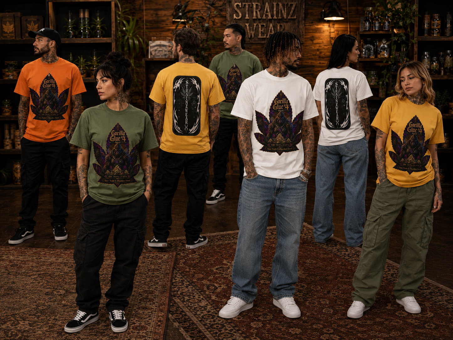 Gorilla Glue #4 Leaf Graphic T-shirt | Psychedelic Gorilla Illustration, Strainzwear Back Print