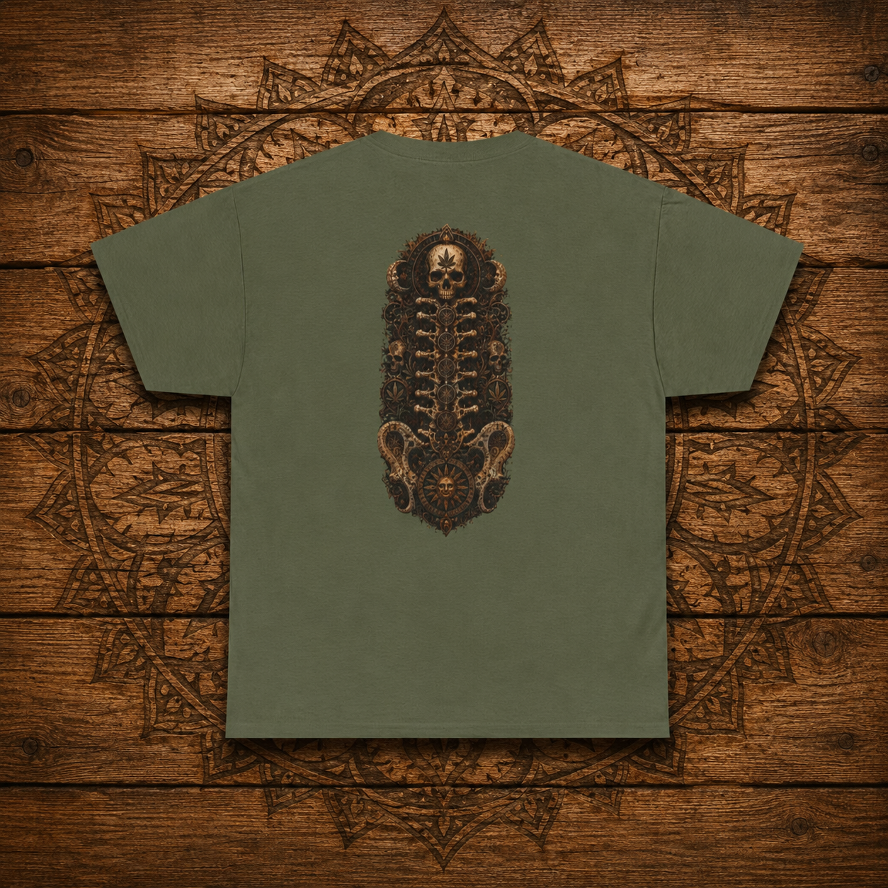 Strainz Wear Sun Clock-Skull Spine Emblem T-Shirt | Gothic Anatomy Backprint
