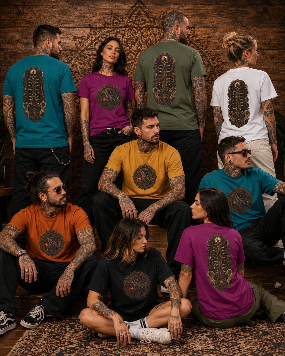 Strainz Wear Sun Clock-Skull Spine Emblem T-Shirt | Gothic Anatomy Backprint