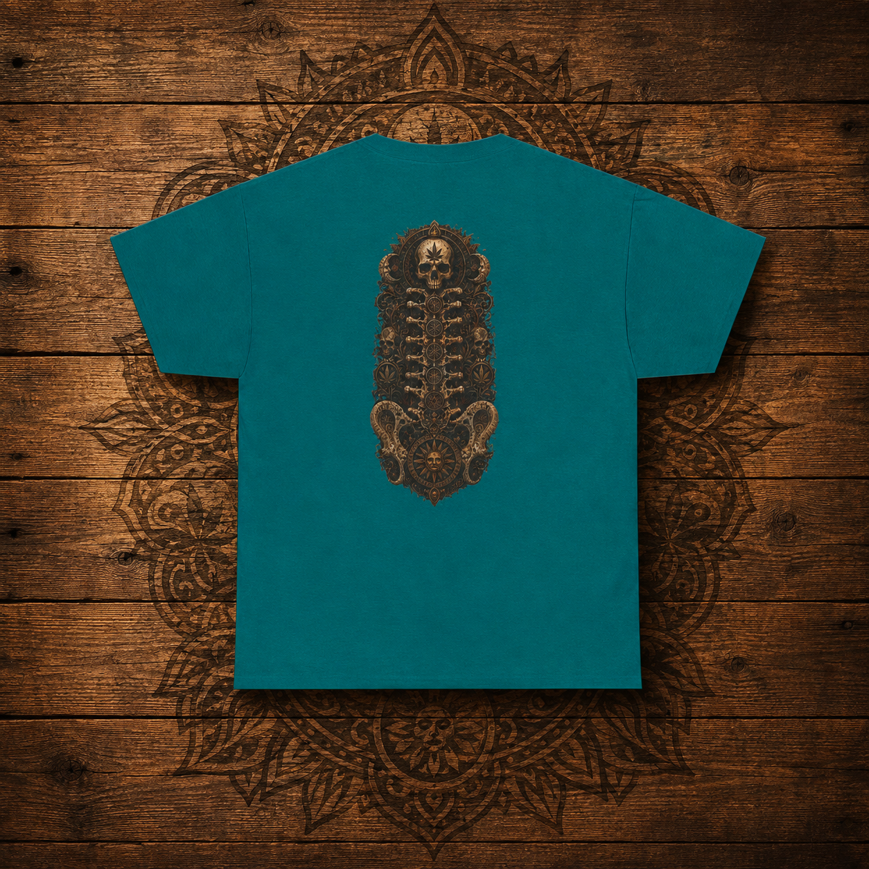 Strainz Wear Sun Clock-Skull Spine Emblem T-Shirt | Gothic Anatomy Backprint