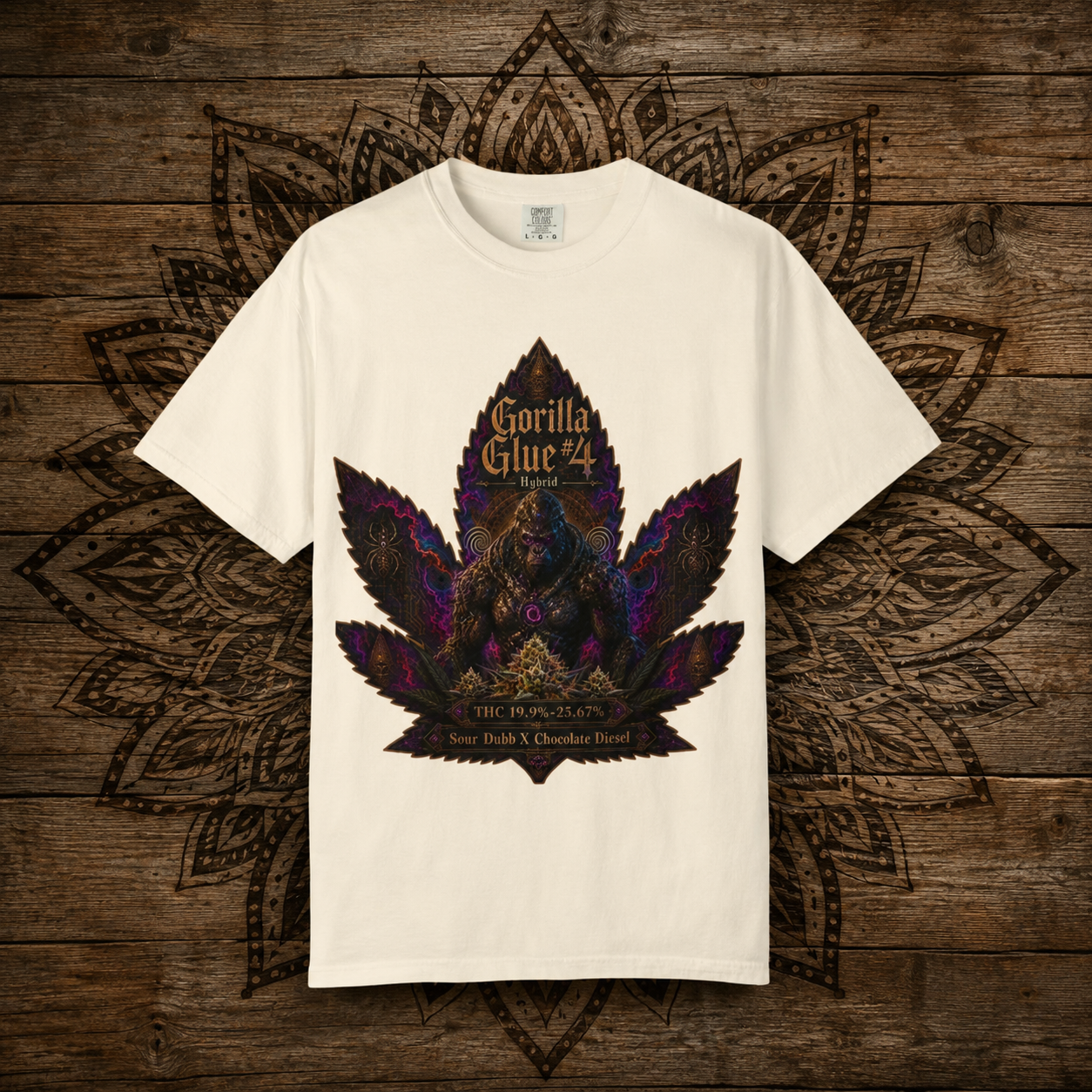Gorilla Glue #4 Leaf Graphic T-shirt | Psychedelic Gorilla Illustration, Strainzwear Back Print