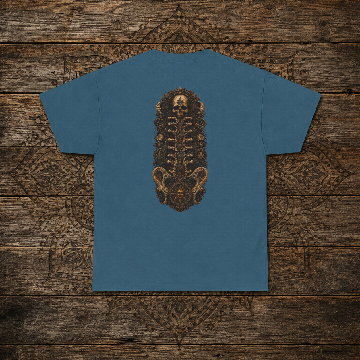 Steampunk Skull Gear Illustration T-Shirt | Spinal Cannabis Skull Backprint
