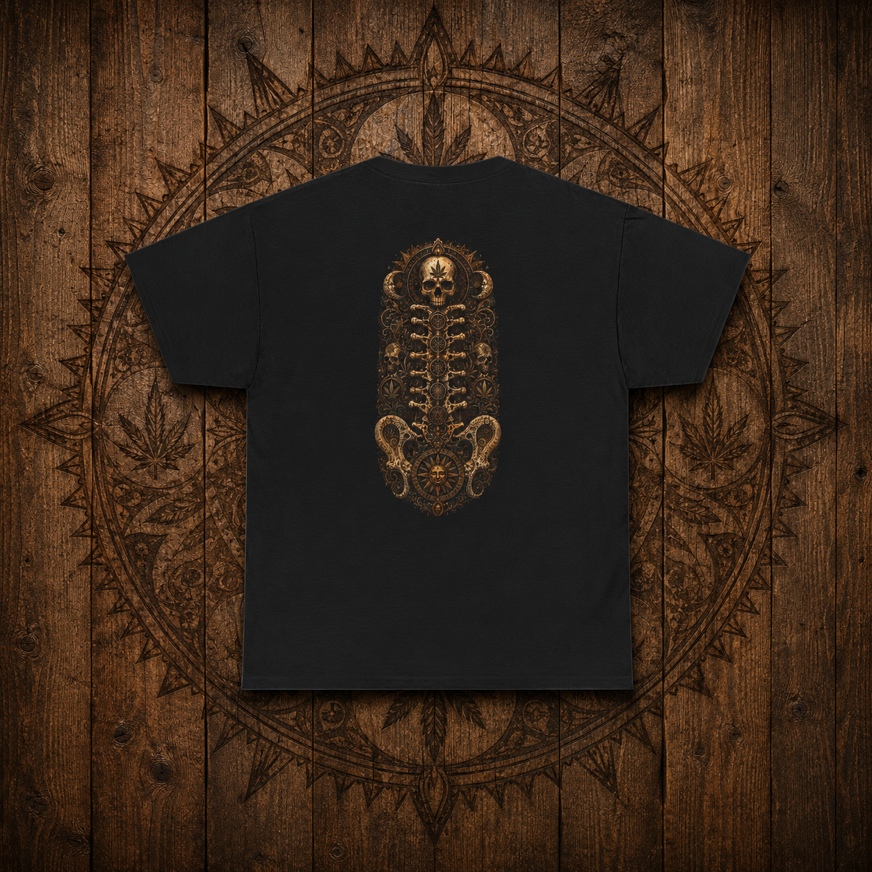 Steampunk Skull Gear Illustration T-Shirt | Spinal Cannabis Skull Backprint